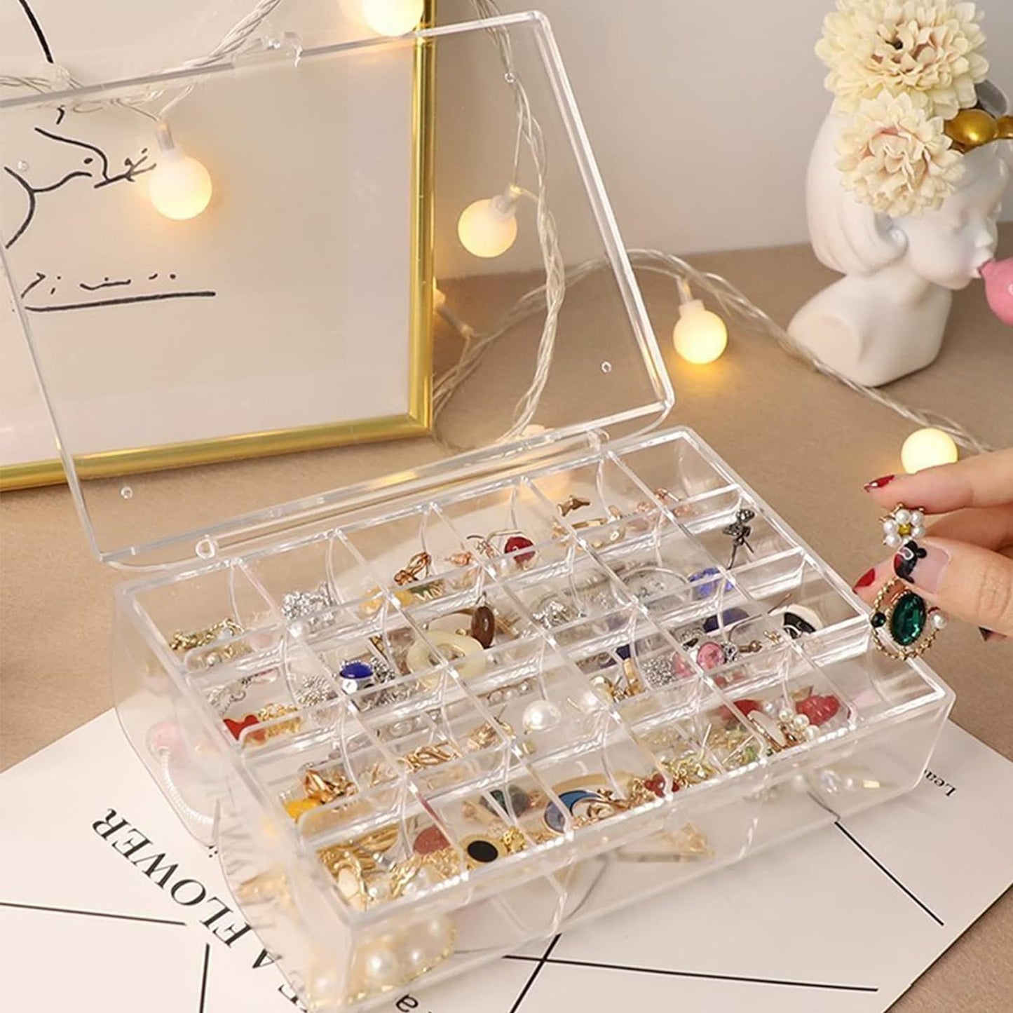12829 2 Layer Acrylic Jewelry Storage Box Dustproof Earring Box Storage Box Portable Nail Art Storage Case 24-grid Small And 6-grid Big Case Makeup Vanity Box (1 Pc 30 Compartment)
