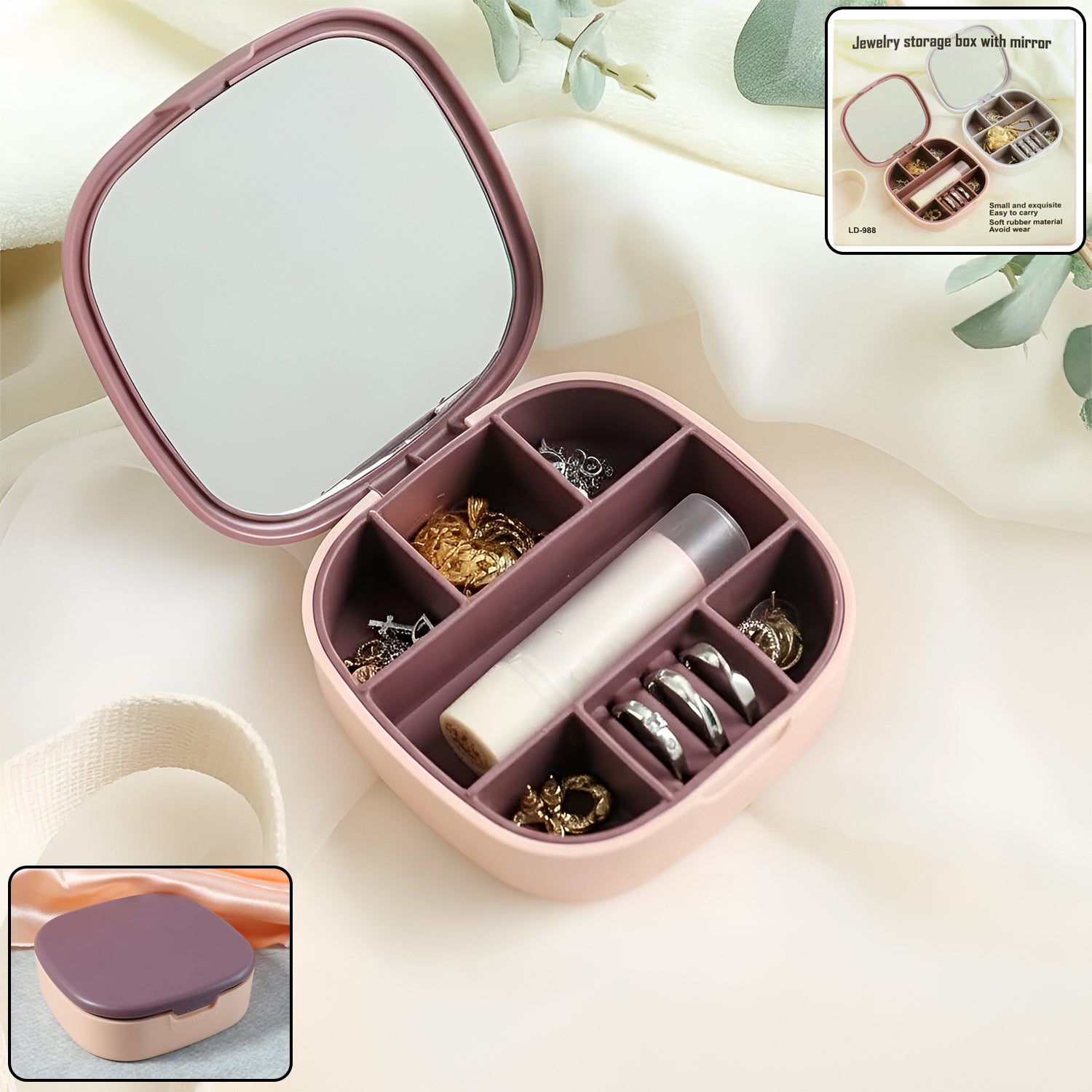 Plastic Jewelry Storage Box With Built-in Mirror  Multi-section (1 Pc)