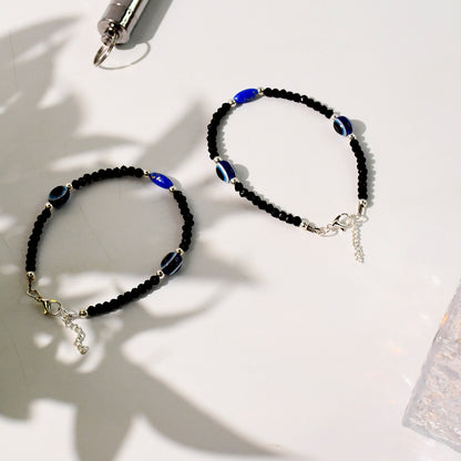 Adjustable Black Bead Evil Eye Protection Bracelet Set (2 Pc)