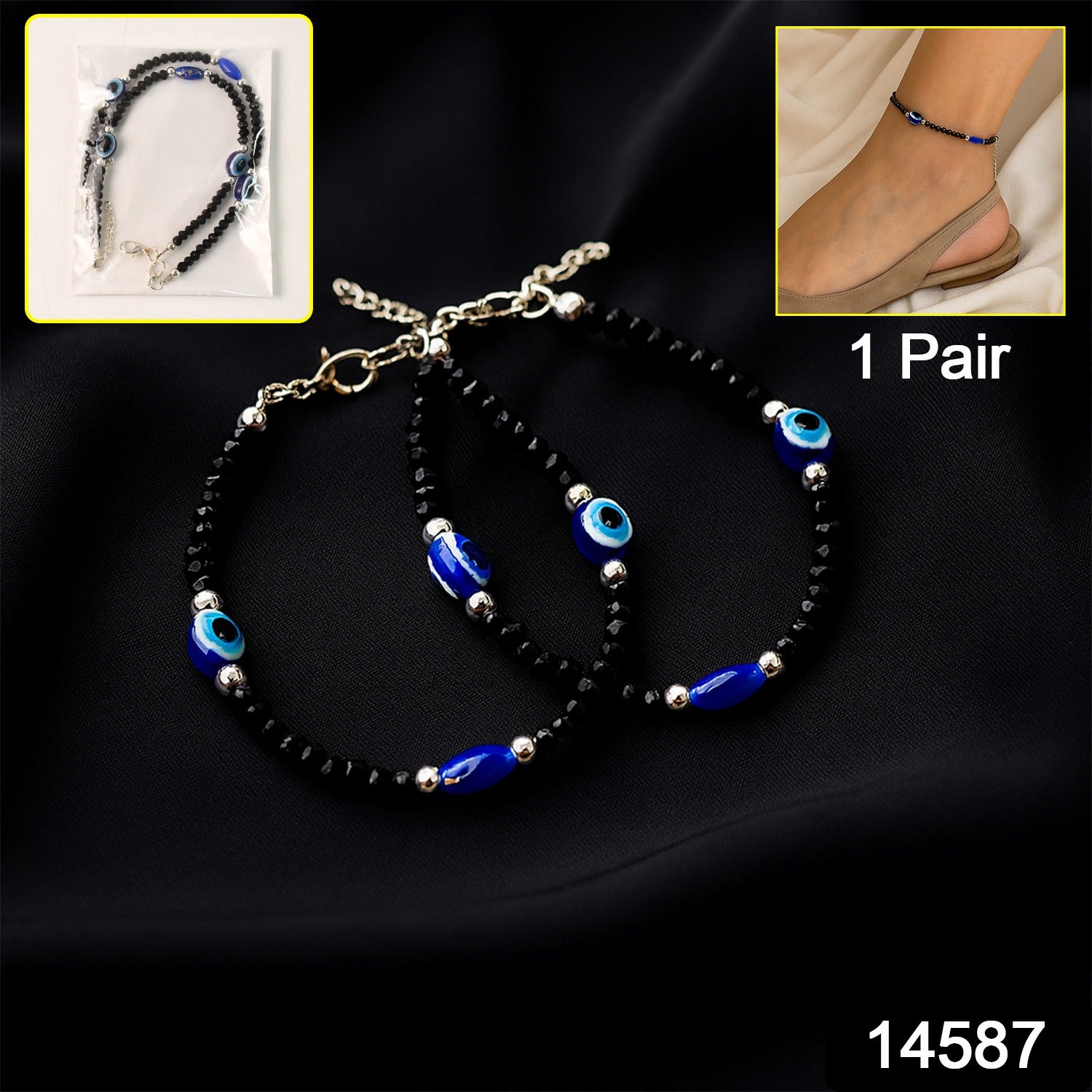 Adjustable Black Bead Evil Eye Protection Bracelet Set (2 Pc)