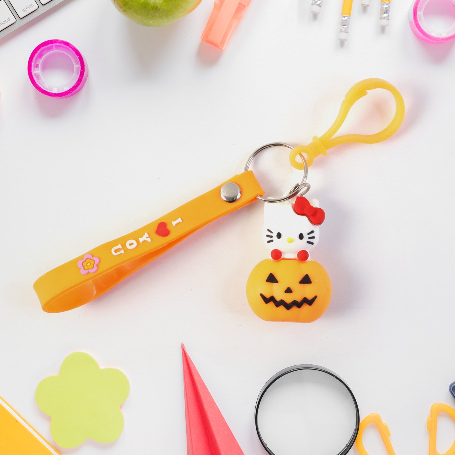 Cute Cartoon Cat  Pumpkin Theme Silicone Keychain (1 Pc)