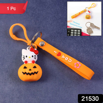 Cute Cartoon Cat  Pumpkin Theme Silicone Keychain (1 Pc)