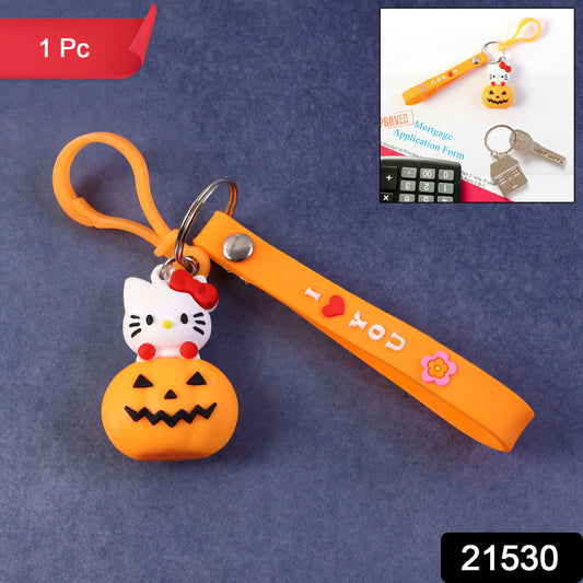 Cute Cartoon Cat  Pumpkin Theme Silicone Keychain (1 Pc)
