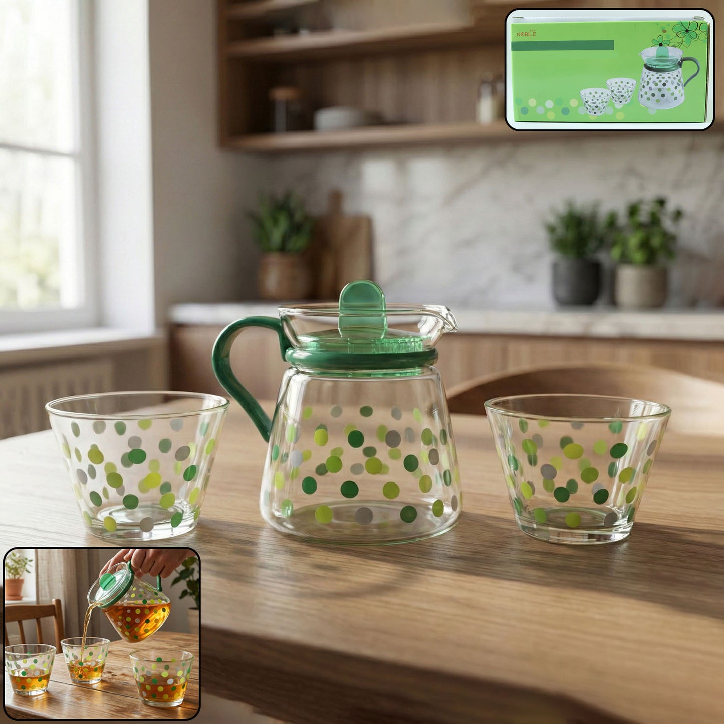 Elegant Glass Tea Pot With Matching Cups Set (1 Set)