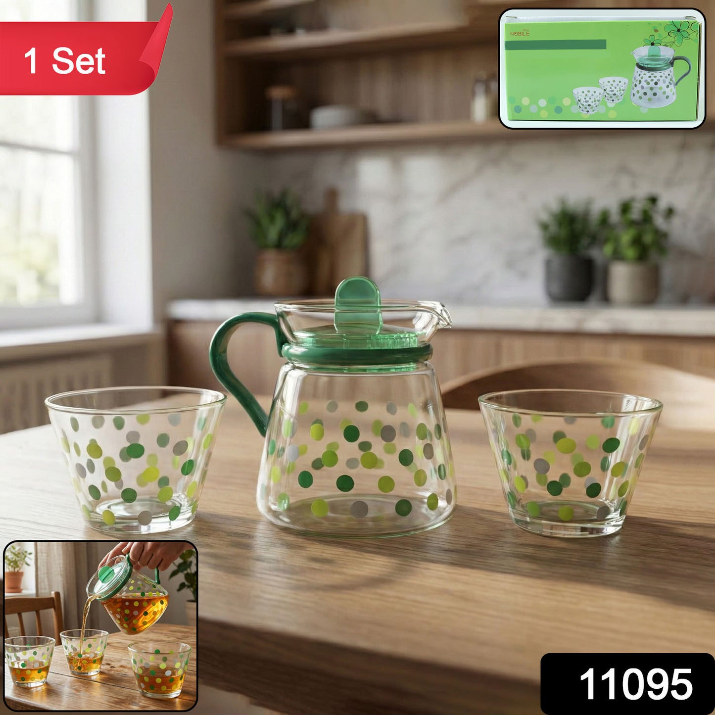 Elegant Glass Tea Pot With Matching Cups Set (1 Set)
