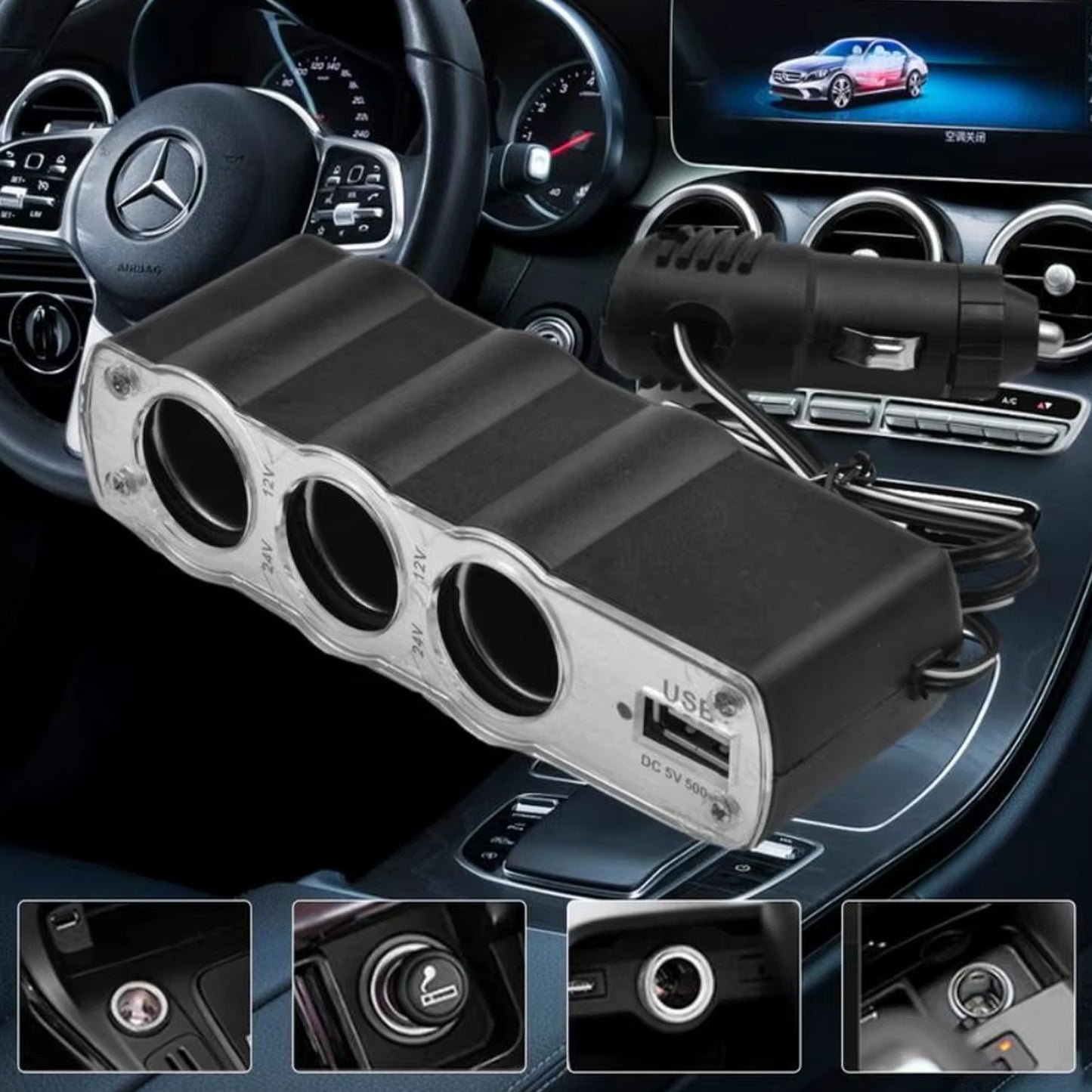 Triple 3 Way Car 12v Lighter Socket Splitter Usb Charger Power Adapter