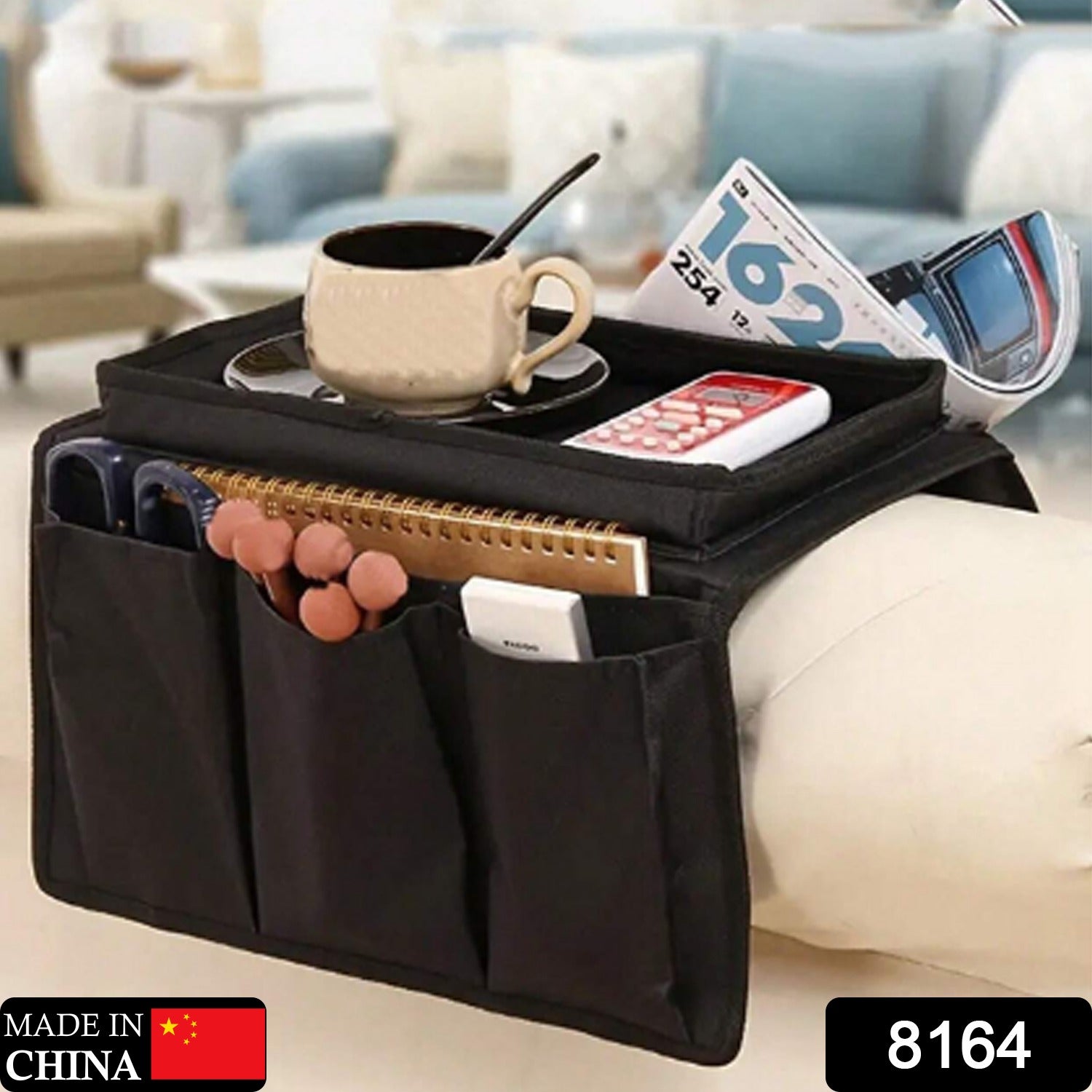 8164 Sofa Arm Rest Hanging Storage Bag Storage Bag For Sofa Ideal For Sorting Magazines Ipad Books (Black)