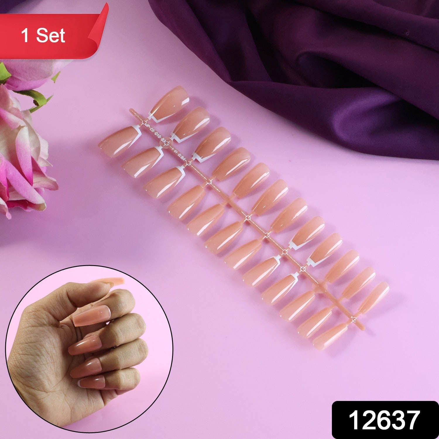 Elegant Nude Glossy Artificial Nail Tips Fake Nails (24 Pc Set)