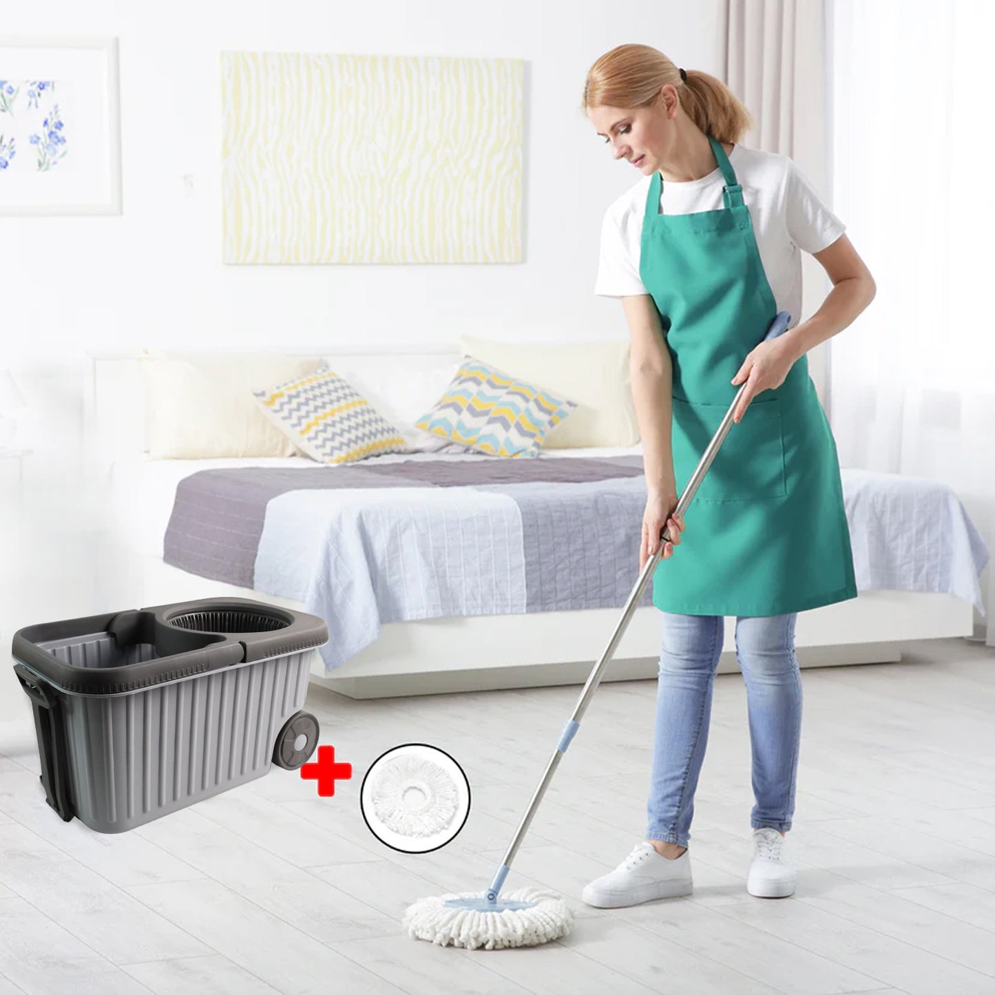 Apex Magic Spin Mop Cleaning Set With Dual Chamber Bucket  Wheels