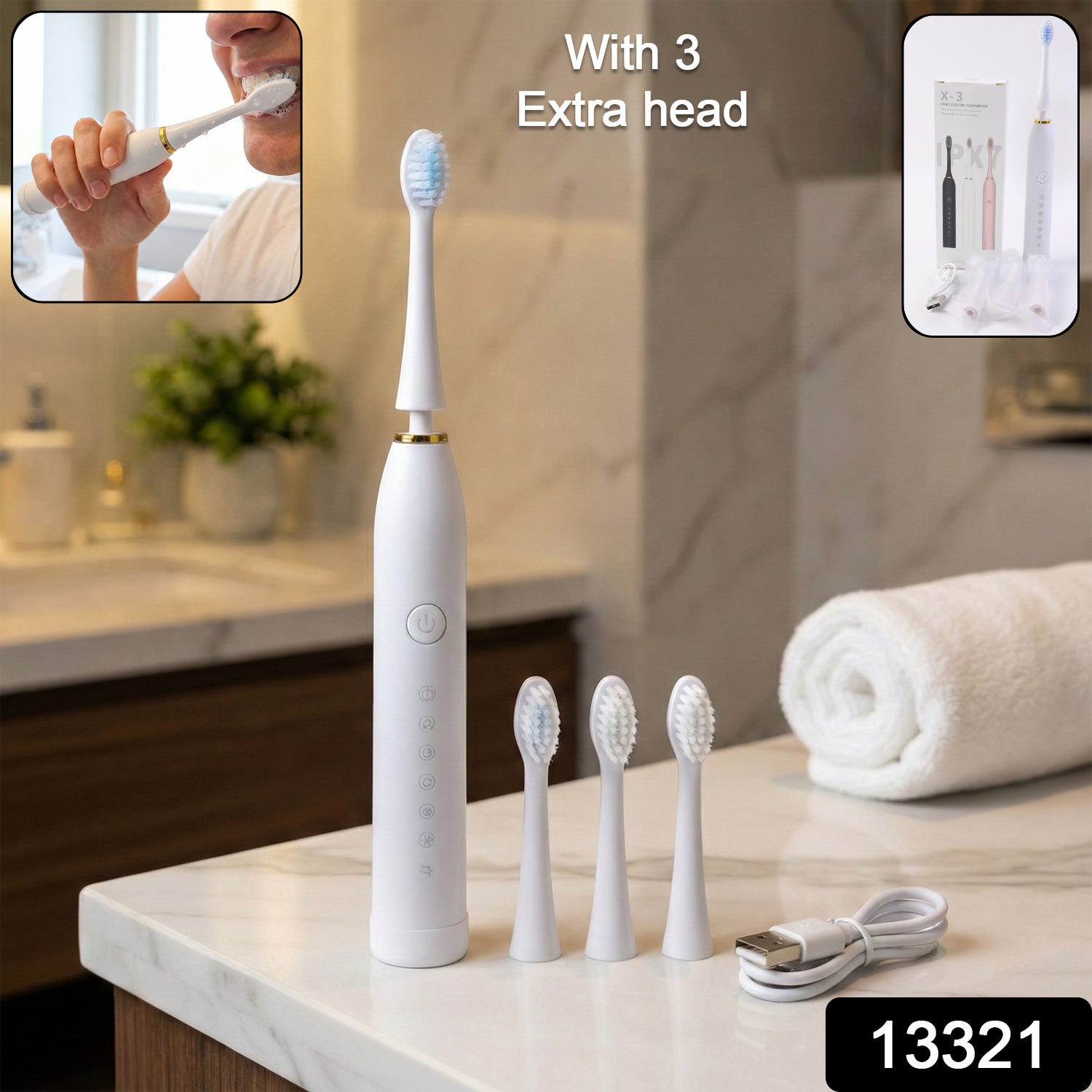 Rechargeable Electric Toothbrush White Color With 3 Extra Head (1 Pc )