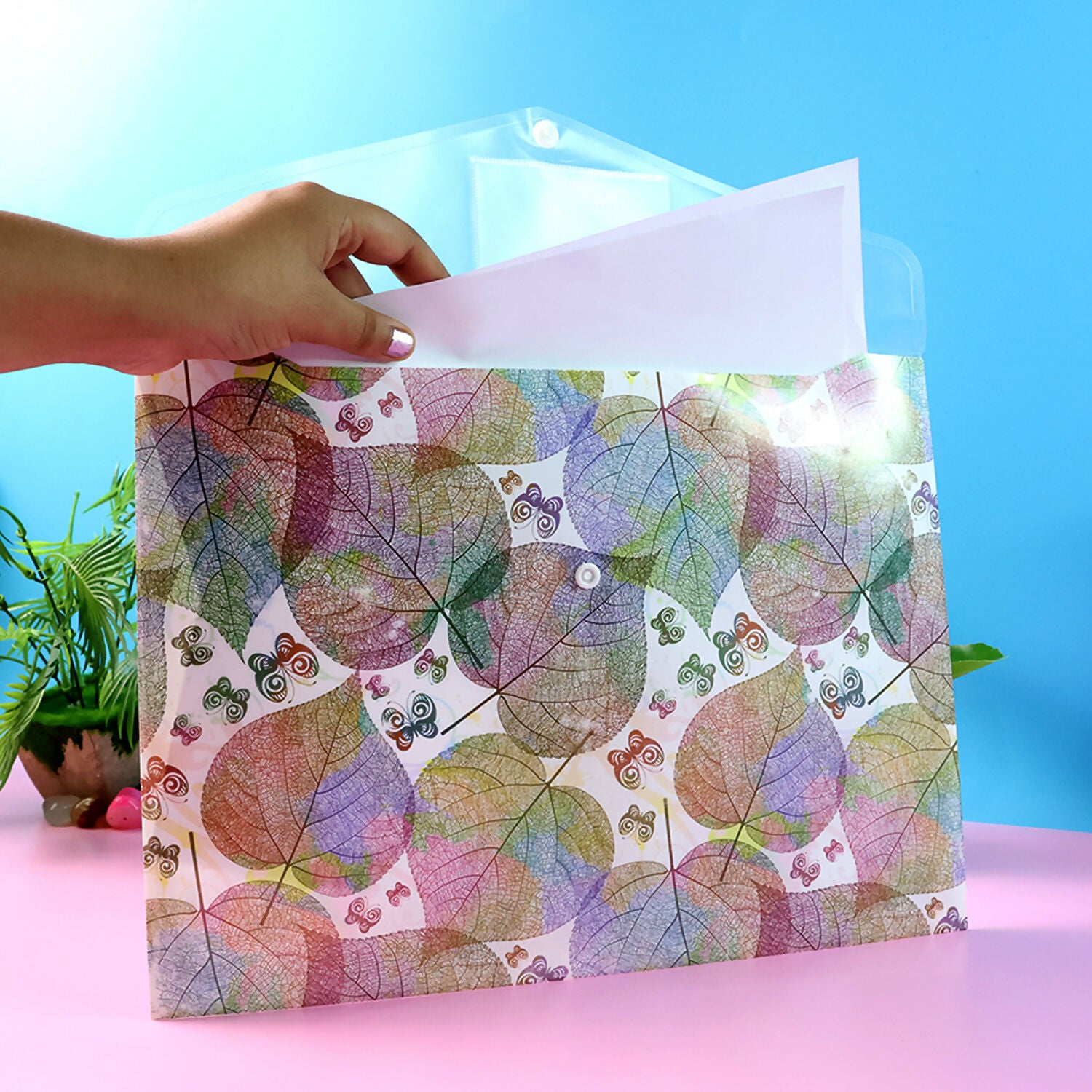 Printed A4 Document Folder  Leaf Design With Button Closure  Label Slot (1 Pc)