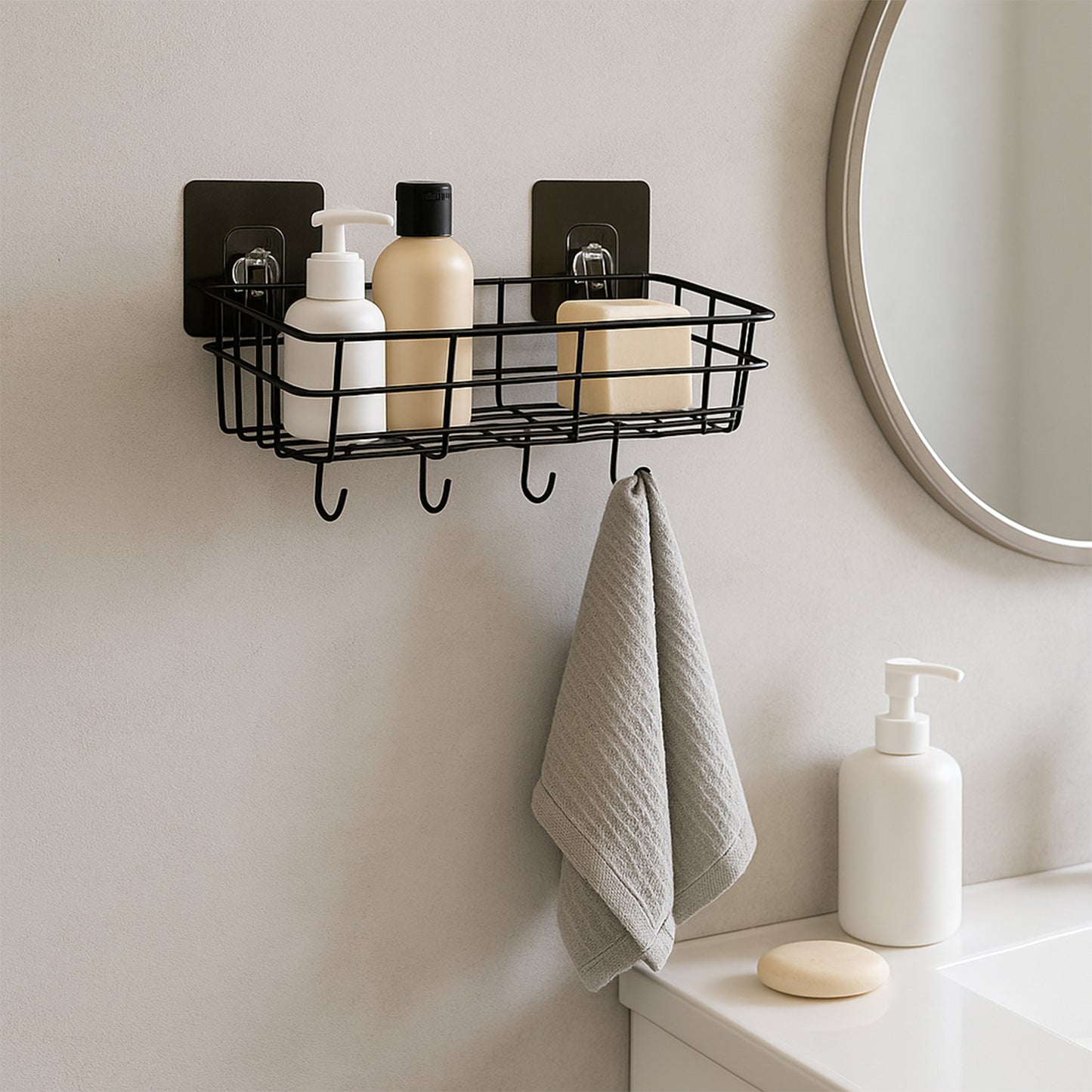 Heavy-duty Self-adhesive Wall Storage Baskets With Hooks (Pack Of 2)