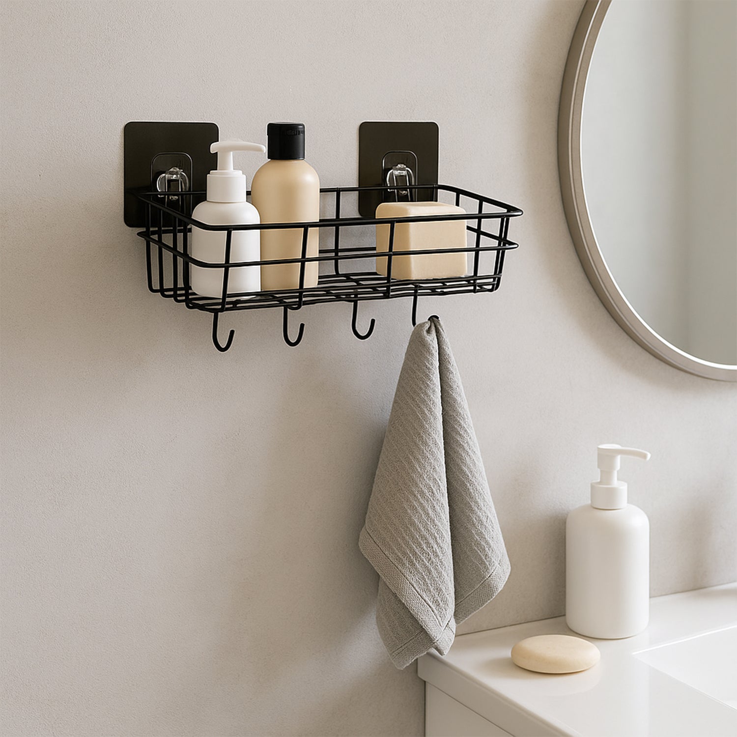 Heavy-duty Self-adhesive Wall Storage Baskets With Hooks (Pack Of 2)