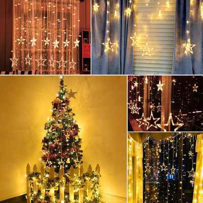1253 12 Stars Curtain String Lights Window Curtain Lights With 8 Flashing Modes Decoration For Festivals